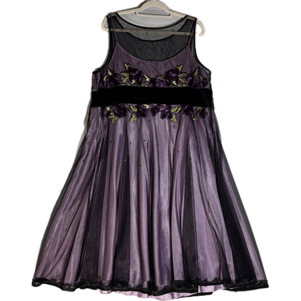 Vintage 90s Y2K Grunge Fairy Goth Adrianna Papell 20W Purple Mesh Floral Dress - Picture 8 of 8